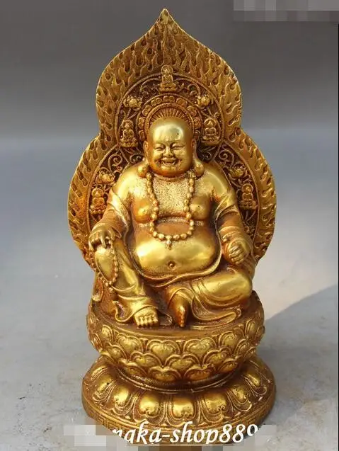 

Chinese Buddhism Bronze Seat Lotus Happy Laugh Maitreya Buddha Hold Bead Statue