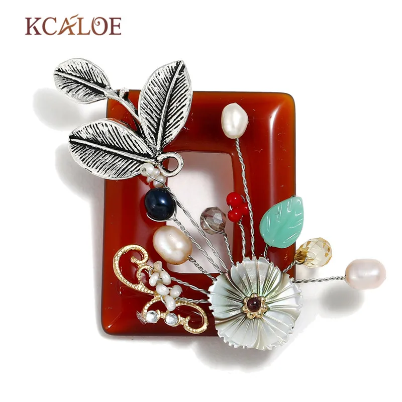 

KCALOE Square Natural Stone Red Broches Jewelry Fashion Shell Flowers Pearl Stone Beads Pins And Brooches For Women Broszka