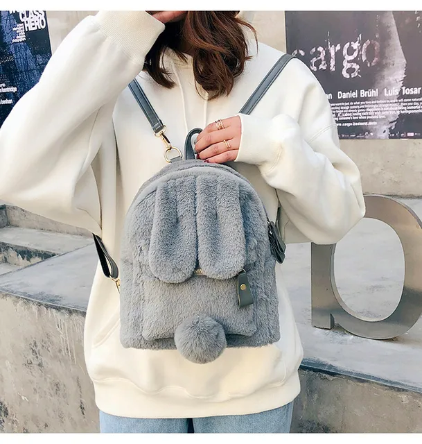 Mellshy Women Cute Rabbit Ears Backpack Fluffy Shoulder Bag School Bag Satchel