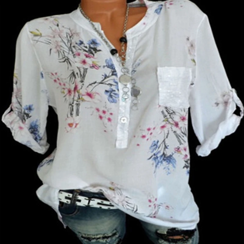 

Women V-neck Loose Shirt Long Sleeve Printed Blouse Casual Plus Size Shirts Blouses