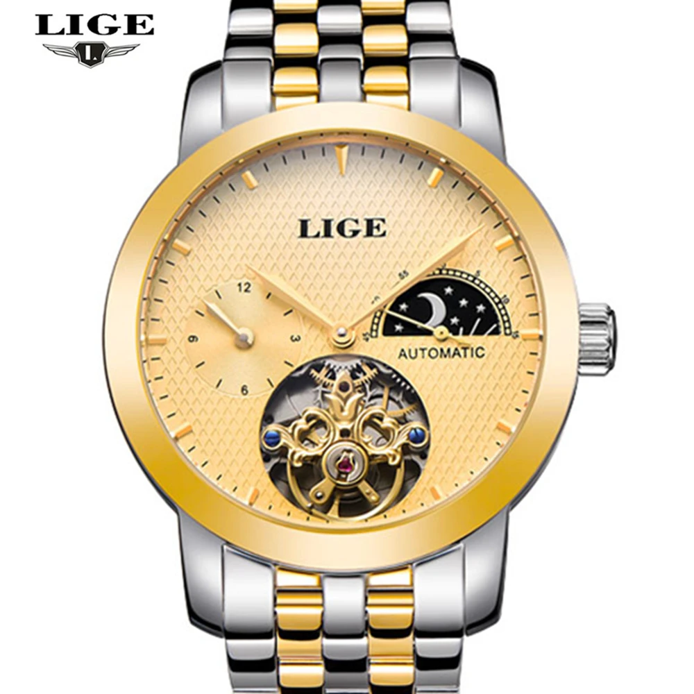 

Reloj Hombre 2016 LIGE Brand Men's Moon Phase Automatic Watch man Fashion Casual Dive Business Watches men Full steel Gold Clock