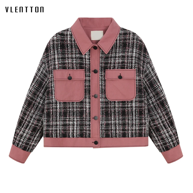 

2019 Spring Vintage Pink Spliced Jean Jacket Women Single Breasted Tweed Plaid Jacket Coat Female Long Sleeve Loose Denim Jacket