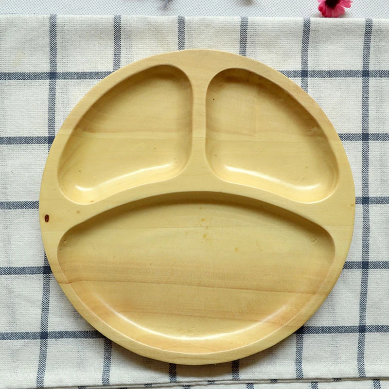 1 Pcs Creative Smiling Face Round Wooden Tray Wooden Cutlery Tray Solid Wood Plates for Dinner