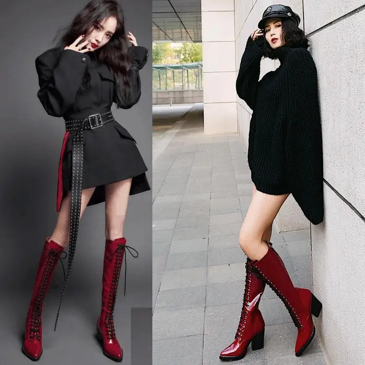 Punta La Tacón rojo De Invierno Atado Moda Rodilla Patente Rojo Zapatos Aguja Negro Hasta Negro Mujeres Cuero Alta Roma Vino Brillante Botas Cruz ZgAqOw