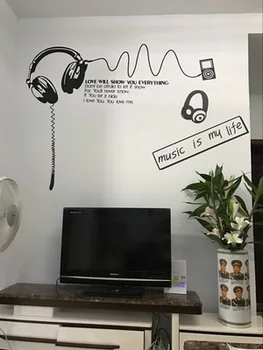 

Waterproof and movable large size Vinyl PVC music studio wall stickers glass stickers headphones wall art paper decoration