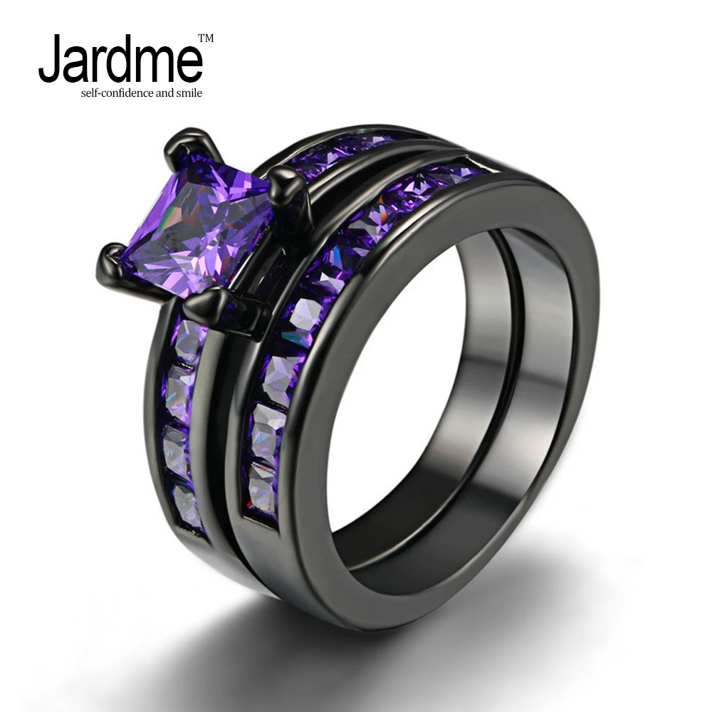 Jardme Top Quality Square Purple Crystal Rings Black Gold Color Fashion Cubic Zirconia Jewelry For Women Wedding Party Gift | Украшения и