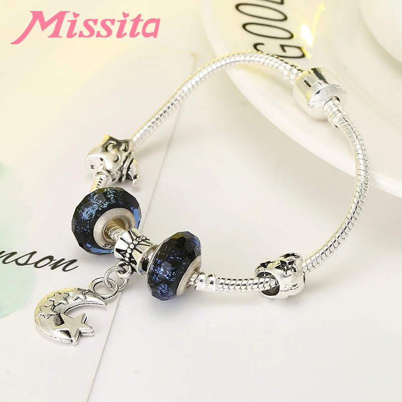MISSITA, серия Moon& Star, очаровательный браслет с голубыми муранскими бусинами, цепочка-змейка, браслеты для женщин, брендовые ювелирные изделия, юбилей