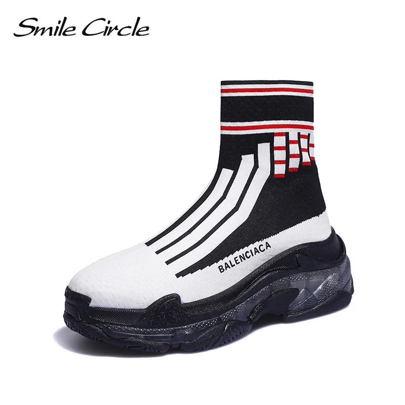 

Smile Circle 2019 spring slip-on knitting Sneaker for women sock boots High-top shoes Lightweight Elasticity Casual Shoes