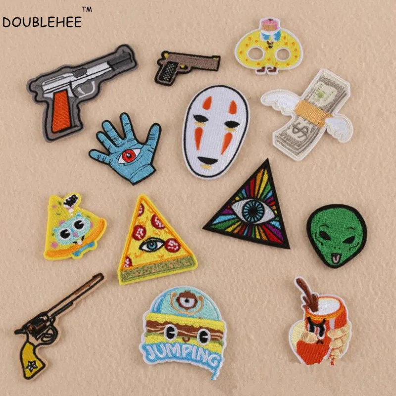 

DOUBLEHEE Embroidered Iron On Patches Gun Eyes Money Pizza Green Aline Design Embroidery Bdeges DIY Coat Shoes Accessories