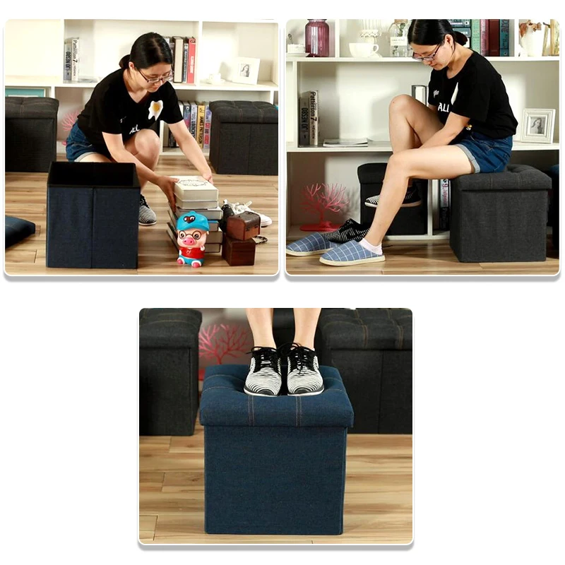 buy Multifunctional Denim Fabric Seatable Storage Box Square 24L Foot Rest Chair Changing Shoes Stool Strong Storage Bin FoldingSofa