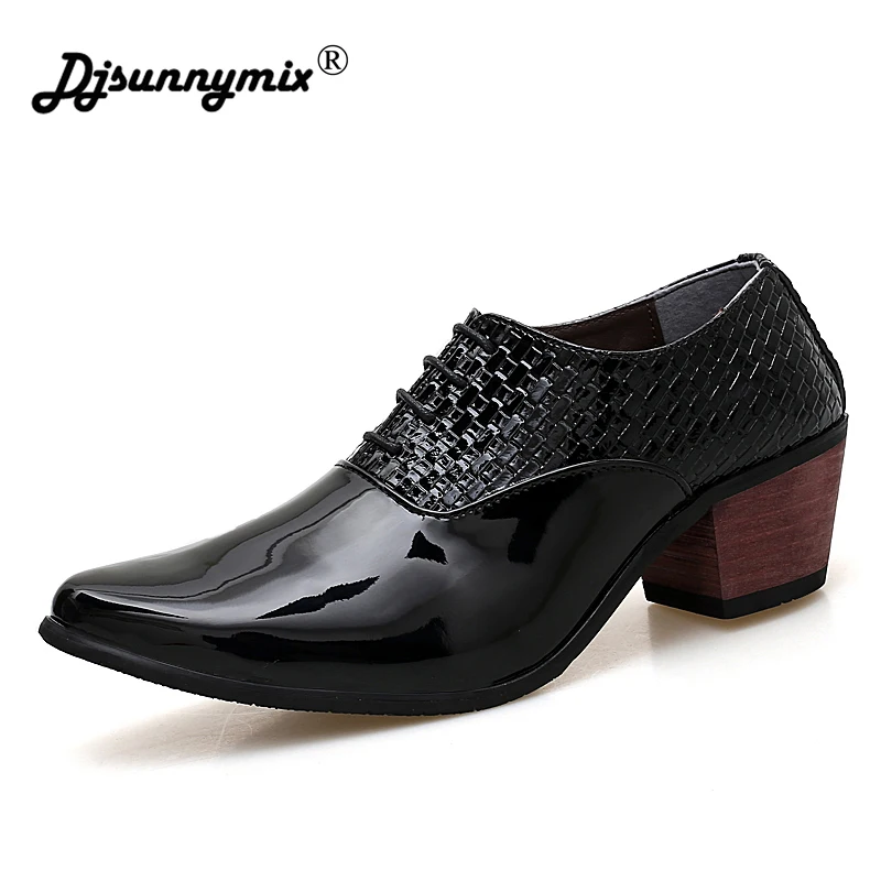 

DJSUNNYMIX Brands mens wedding shoes gentsman 6cm high heeled glossy leather dress party shoes black white
