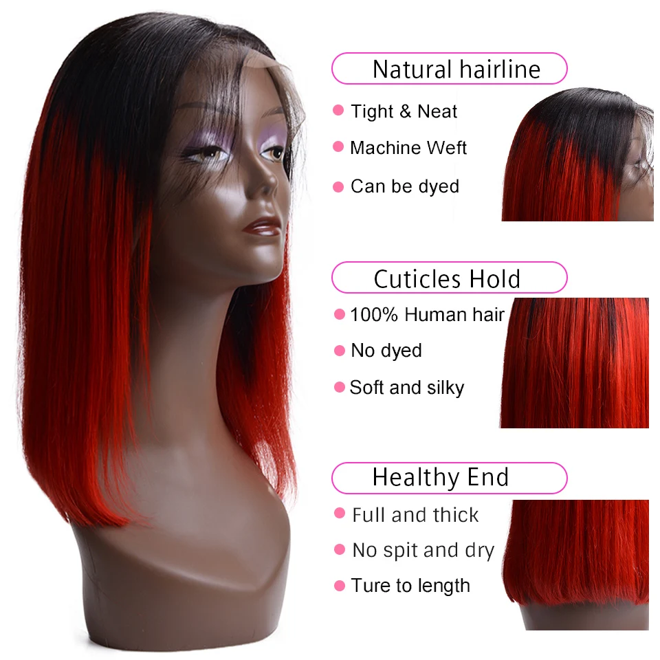 Парики из натуральных волос на коротком кружевном фронте, прямые бразильские парики 13x4 для черных женщин 1B/red 1B/розовые парики из человеческих волос