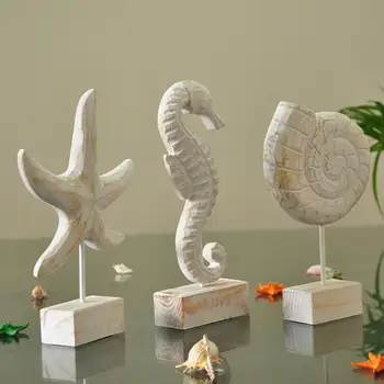 

Mediterranean Style Wood Carving Marine Home Decor Wood Crafts Sea Star Conch Hippocampus Desktop And Home Decoration