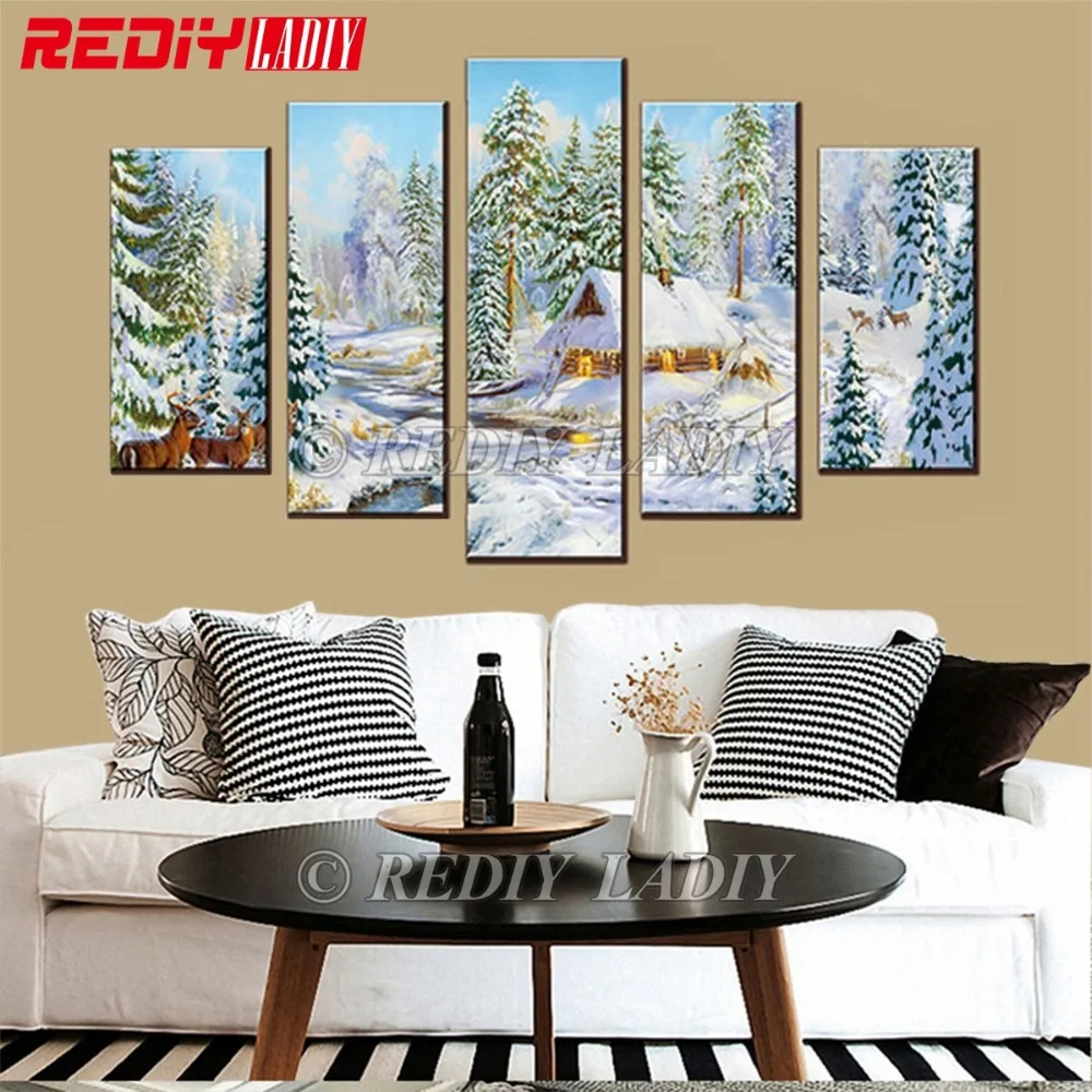 

REDIY LADIY Diamond Painting Triptych Diamond Embroidery Crystal Modular Picture Snow Cottage Wall Art Multi Pictures Home Decor
