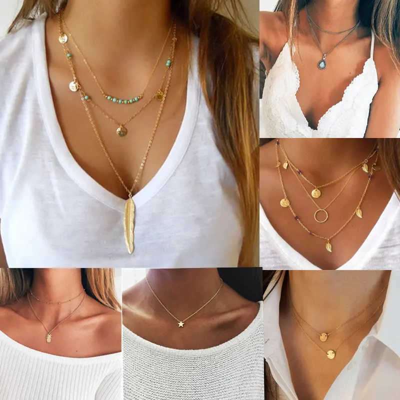 

New Clavicle Chain fashion holiday Seaside resort beach jewelry heart Star moon leaf chains Necklace for women gift wholesale