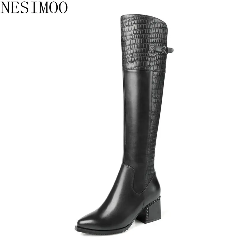 

NESIMOO 2019 Women Over The Knee High Boots Genuine Leather+pu Elegant Black Brown Square High Heel Women Shoes Size 34-42