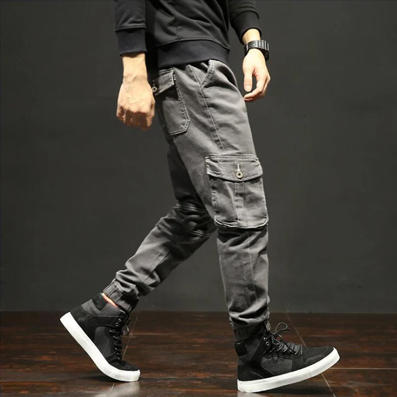 

Fashion Streetwear Men Jeans Japanese Style Multi Pockets Cargo Pants Military Ankle Banded Punk Style Hip Hop Jogger Jeans Men