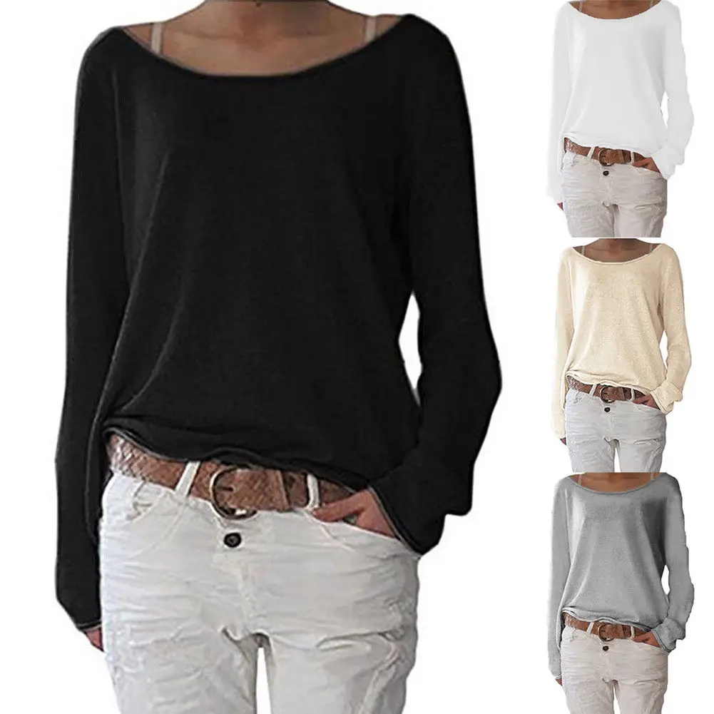 

Plus Size Women T-shirt Solid Scoop Neck Sweater Shirt Lady Long Sleeve Jumpers Pullover Tops t-shirt