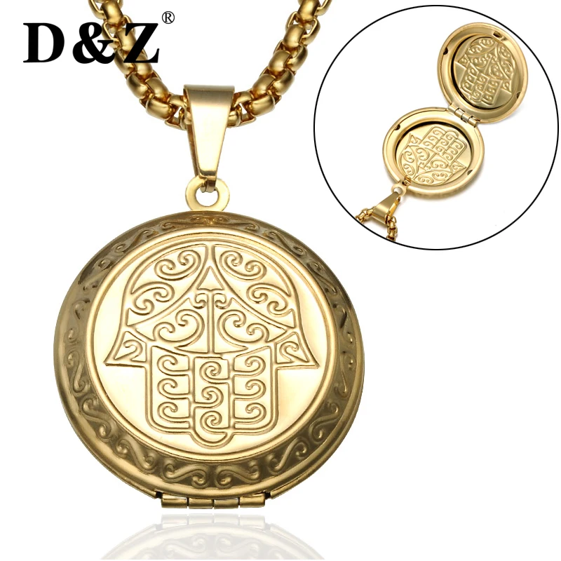 

D&Z Vintage Hamsa Hand Eye Charms Pendant Gold Stainless Steel Can Open Photo Frame Pendants & Necklaces for Religious Jewelry