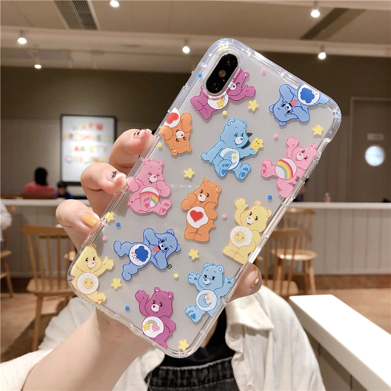 Cartoon Cute Rainbow bear Phone Case For iPhone 11 Pro X XS Max Xr 8 7 6 s Plus INS Anime cares bears Clear Soft Cover Coque