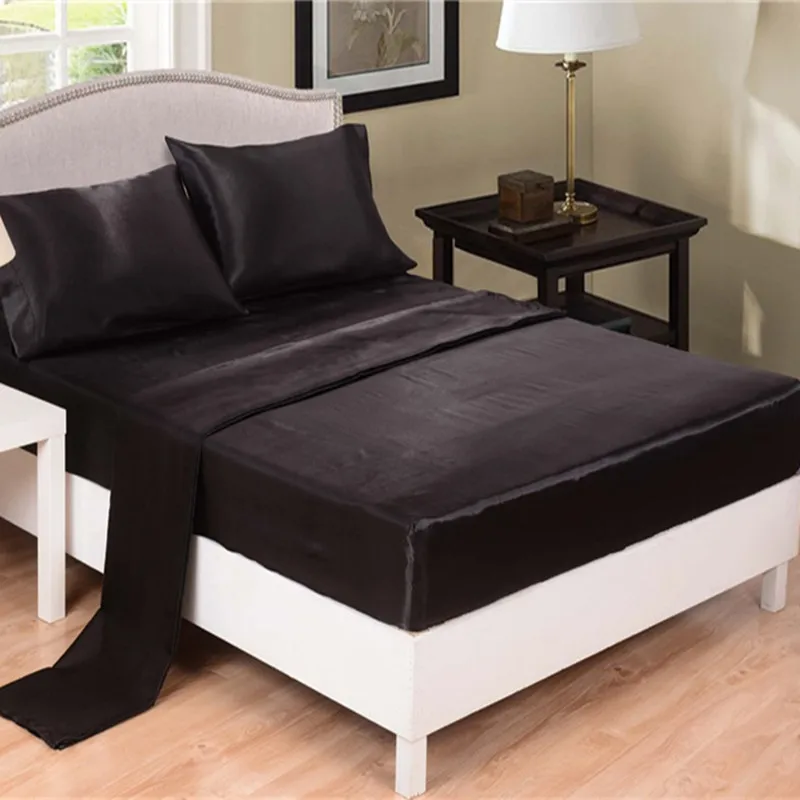 

Luxury Satin Silk Bedding Sets Solid Color Sheet setS flat sheet+fitted sheet+pillowcase 3/4pcs customized queen king size