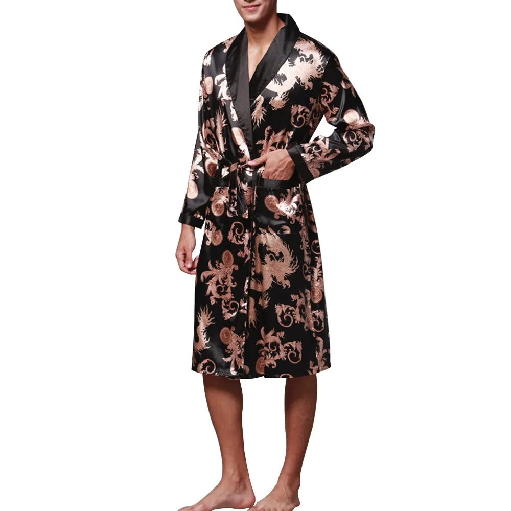 Sidiou Group Night Robe Men Kimono Bathrobe Satin Robe Long Sleeve