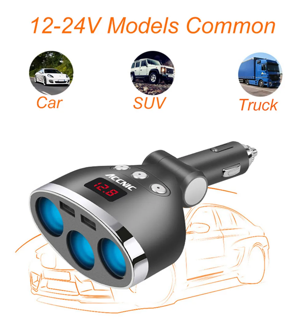 

3 in1 Cigarette Lighter Charger High Power Double USB Port for samsung s10 9 8 iphone XR 8 7 plus Phone Tablet Car fast Charger