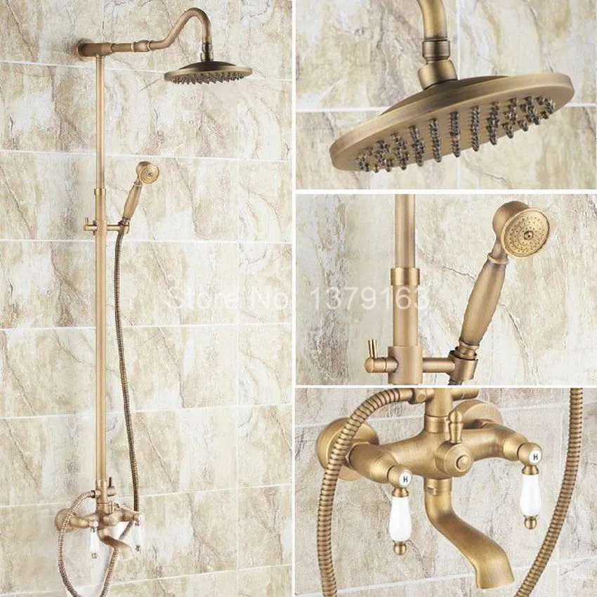 

Antique Brass Two Ceramic Handle Bathroom Rain Shower Faucet Set Tub Mixer Tap + 8" Round Rain Shower Head + Handshower ars117