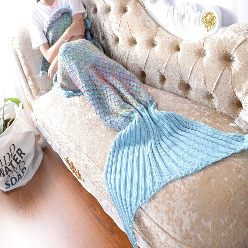 

Knitted Colorful Crochet Mermaid Blanket Tail Scales Large For Adults Women Girls Soft Warm Sleeping Bag Bed Sofa Quilt Throw