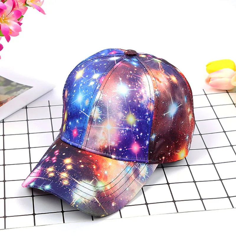 

2018 New Women's Starry Sky Printing Polyester Baseball Cap Summer Sun Hat Snapback Hip Hop Caps Cool Star Party Dance Hats
