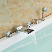 Chrome Widespread Bathroom Bathtub Waterfall Faucet Mixer Hand Shower Set 5pcs