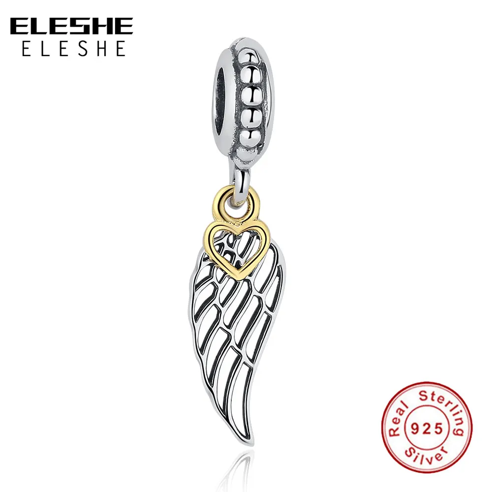ELESHE Authentic 925 Sterling Silver Angel Wing Pendant & Pesona Fit Asli ELESHE Gelang dengan Pembuatan Barang Kemas Dua-Tone Jantung