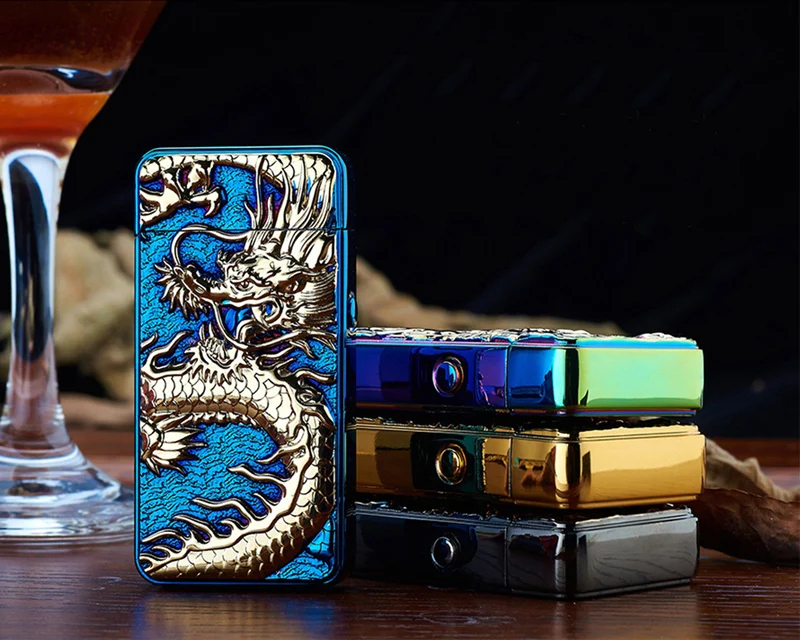 

2016 New Dragon Embossed Double Arc Cigarette Lighter USB Charging Pulse Arc Metal Tobacco Cigarette Lighters