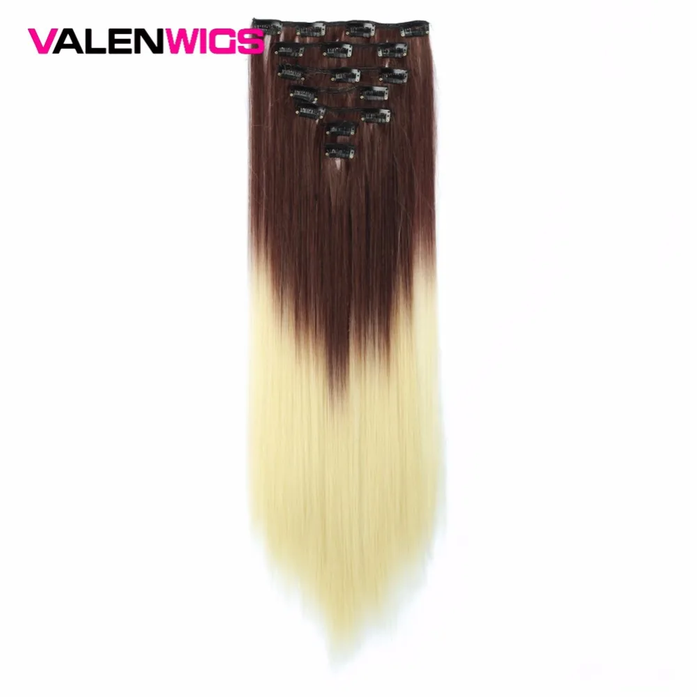 Valen Wigs Straight Hair Clip in Hair Extensions Natural Color Two Tones Synthetic Omber Wigs Heat Resistant For Women 22" 7pcs