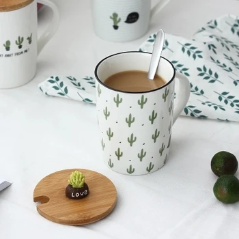 

Creative ceramic mug cup cactus office coffee cup fashion lovers cups with lid spoon