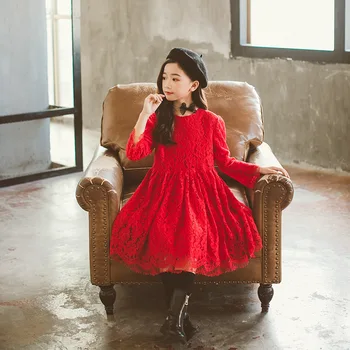 

Christmas New Year Big Girls Dresses Lace Long Sleeve Kids Dress Children's Clothing