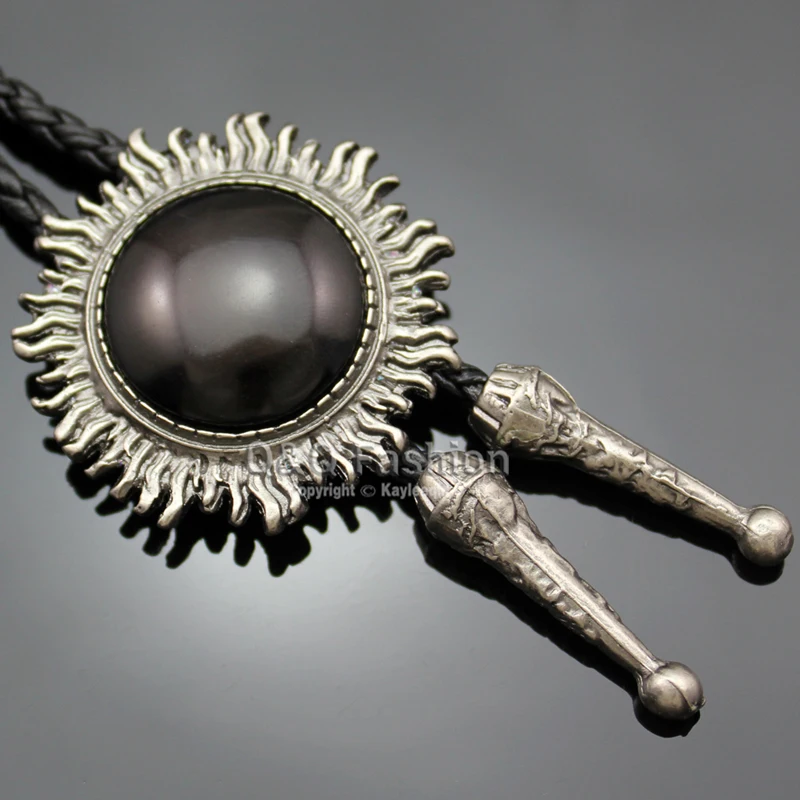 Винтажное серебряное покрытие солнце обсидиан кожа Боло галстук линия танец