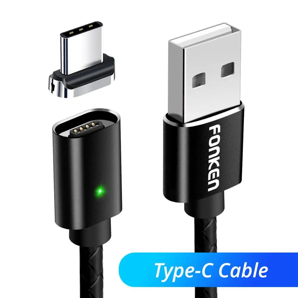 Магнитный кабель Micro USB FONKEN, магнитный кабель usb type C для зарядки телефона, 3 А, шнур для быстрой зарядки мобильных телефонов, кабели для быстрой передачи данных на базе Android - Цвет: Black Type C Cable
