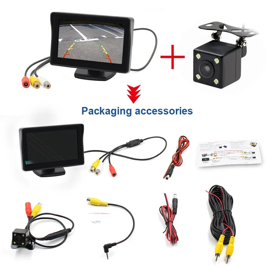 2 в 1 TFT 4,3 дюймов авто TFT lcd камера заднего вида парковочный цветной монитор+ светодиодный ПЗС камера ночного видения с автомобильными мониторами