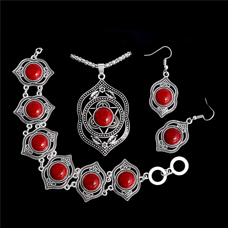 

SHUANGR High Quality Natural Stone Pendant+Bracelet+Earrings Jewelry Sets Tibetan Silver Color Fashion Jewelry Set for Women