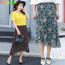 ChenKe милые летние женские юбки плюс сайз для полных мм женские подол оборками нерегулярные Шифоновая юбка китайский Винтаж цветочный юбка Femme