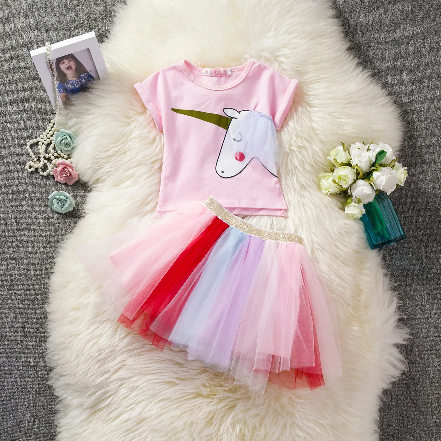 

2019 Summer Children Girl Cotton T Shit and Skirt Two Pieces Fashion Toddler Girl Unicorn T-shirt +Mesh Ball Gown Skirt Set