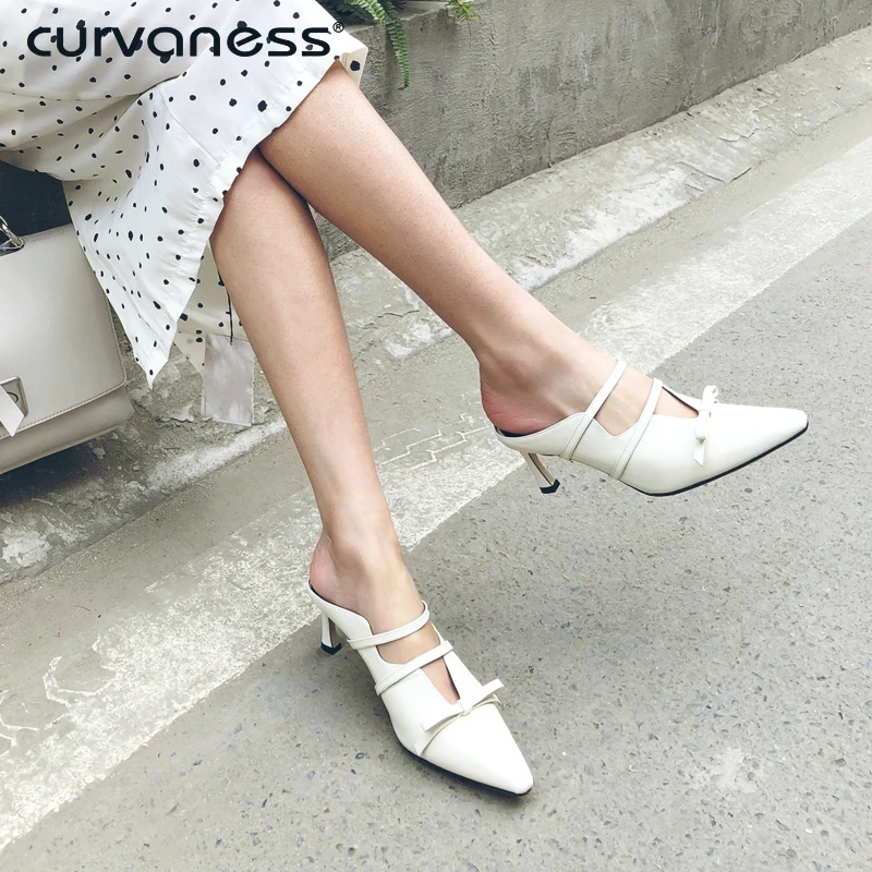 

Curvaness Spring Women Fashion Butterfly-knot All Genuine Leather Pointed Toe 7 cm High Thin Heels Women Spring Mules Slippers