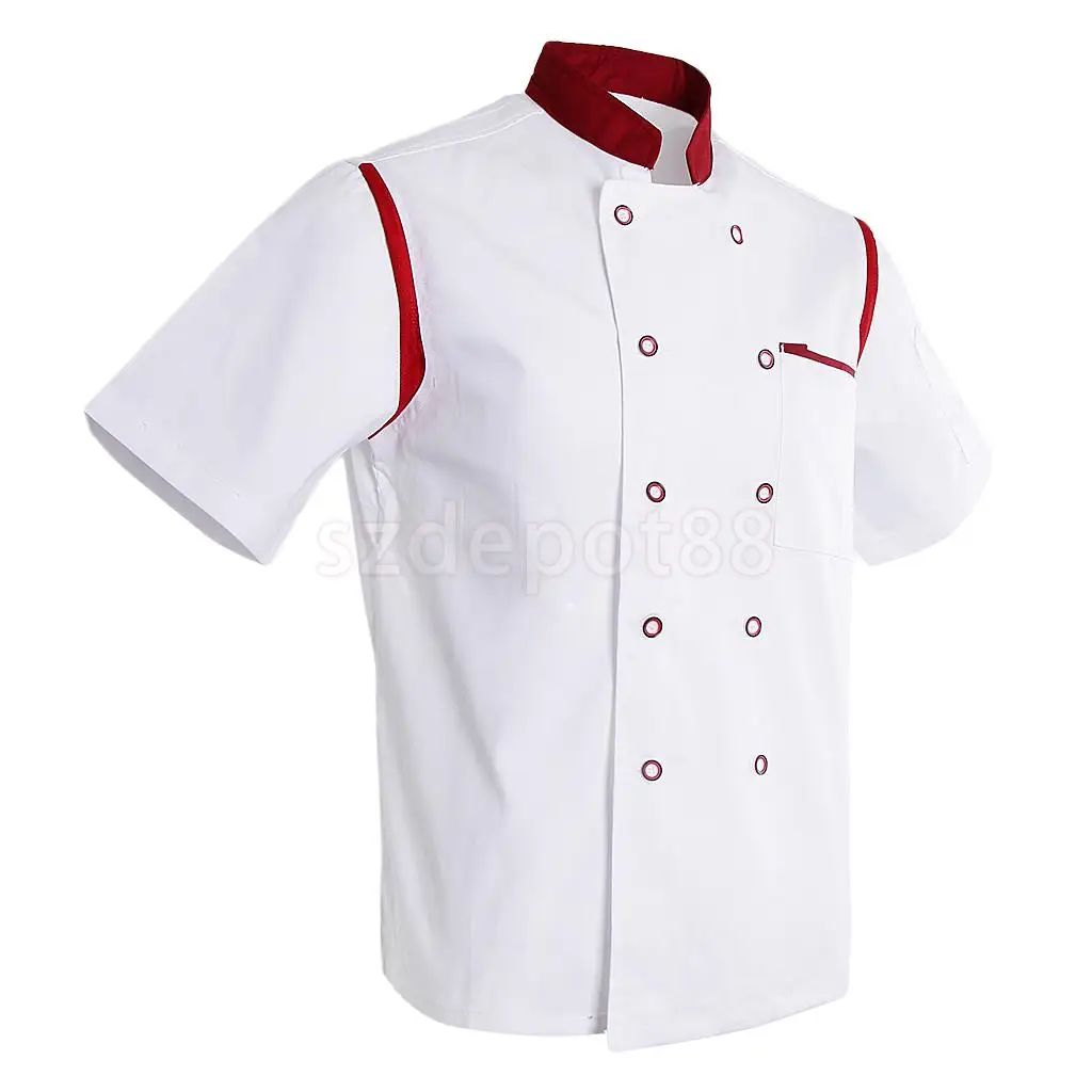 Unisex Chef Jacket White Red Air Mesh Short Sleeve Double Breasted