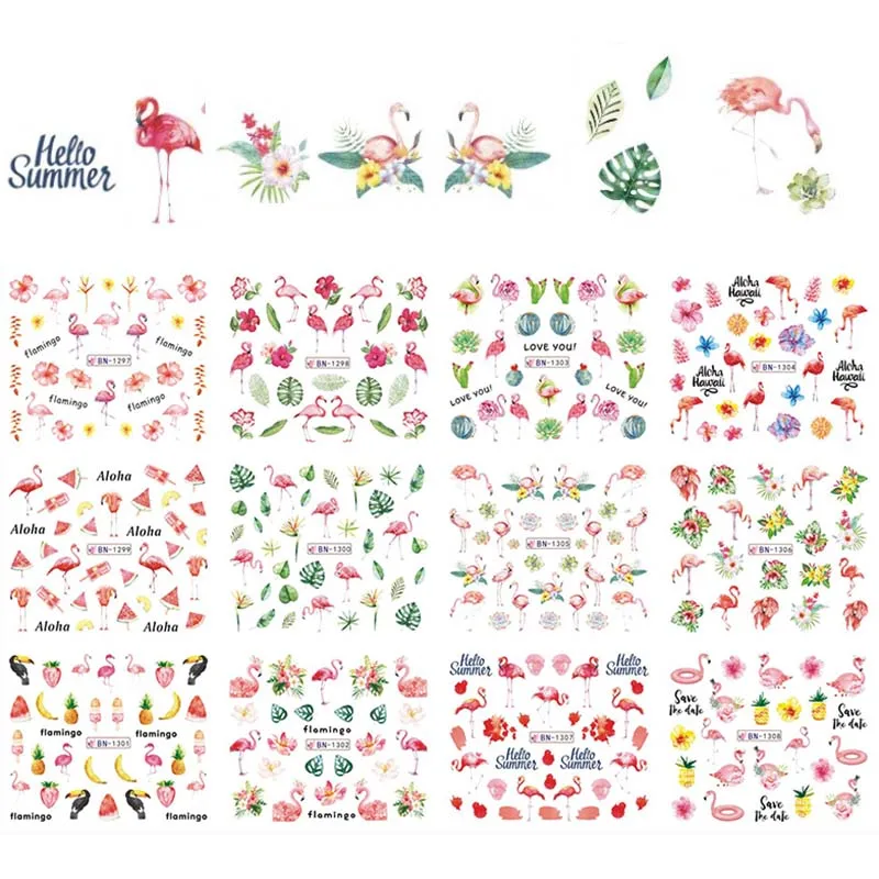 

1 Set 12 Designs New Nail Stickers Cartoon Flamingo Animal Water Decals Nail Art Decorations Wraps Sliders Manicure BN1297-1308