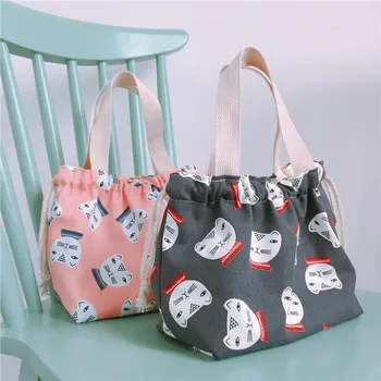 

YILE Lining Drawstring Cotton Canvas Handbag Lunch Pouch Cat Head Black Pink GD02