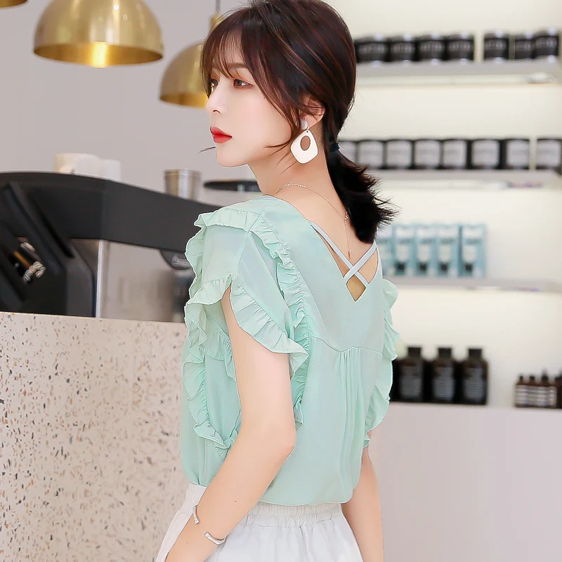 

Korean Fashion Chiffon Women Blouses Solid Petal Sleeve White Women Shirts Plus Size XXL Blusas Femininas Elegante Ladies Tops