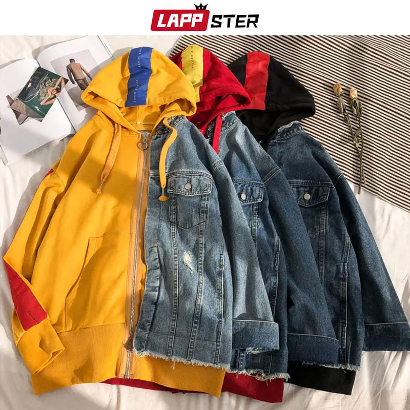 LAPPSTER Men Streetwear Fake Two Pieces Jean Jacket Windbreaker 2019 Mens Patchwork Hooded Bomber Jacket Designer Denim Jackets LAPPSTER Men Streetwear Fake Two Pieces Jean Jacket Windbreaker 2019 Mens Patchwork Hooded Bomber Jacket Designer Denim Jackets