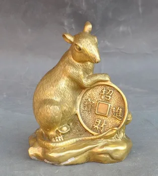 

6" Lucky Chinese Brass Fengshui Wealth yuanbao money Coin Mice Rat Mouse Statue