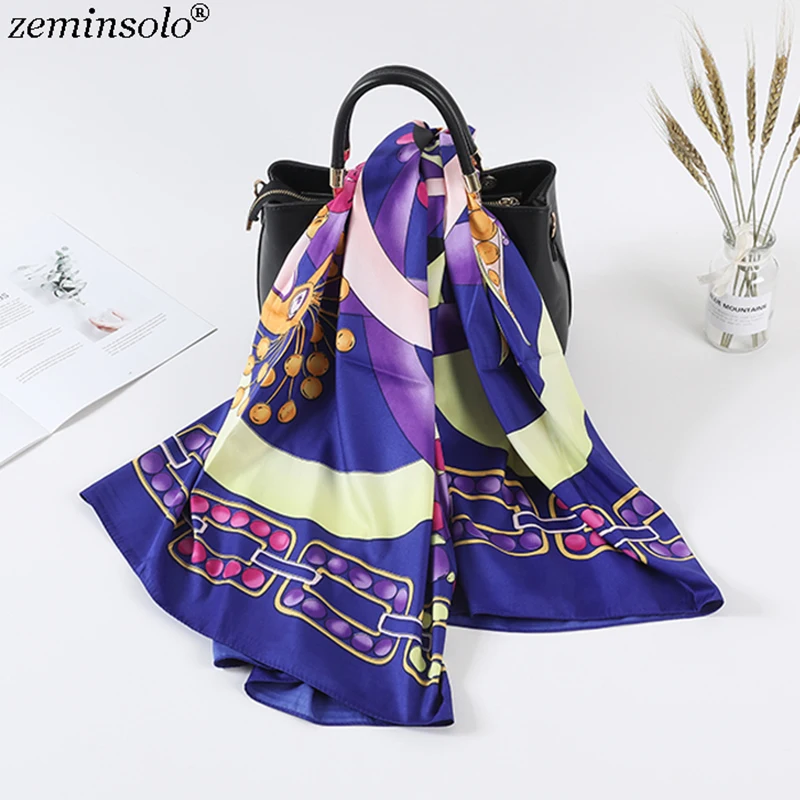 

100% Twill Silk Scarf Women Luxury Brand Square Scarves Wraps Female Neckerchief Chain Silk Foulard Large Hijab Bandana Shawls